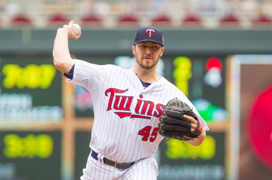 Jun 22, 2014; Minneapolis, MN, USA; Minnesota Twins starting pitcher Phil Hughes (45) pitches in the first inning against the Chicago White Sox at Target Field. Mandatory Credit: Brad Rempel-USA TODAY Sports 